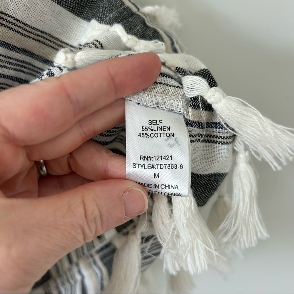 Ellison Grey White Linen Stripe Short Sleeve Shift Dress Tassel Trim M - Picture 5 of 10